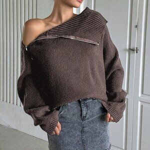 Brown Casual Women's Zipper Front Cardigan Sweater